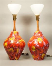 Lot 290 Pr. Modernist Bulbous Ceramic Lamp. Colorful red,