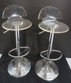 Lot 359 Pr Chrome  Lucite Bar Stools Swivel Seats. Thick