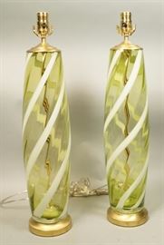 Lot 401 Pr Green White Striped Murano Glass Lamps. Rewir