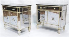 Lot 416 Pr Contemporary Mirrored Marble Top Side Tables. 