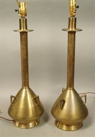 Lot 443 Pr Modernist Long Neck Brass Table Lamps. Cone fo