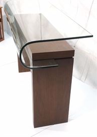 Lot 490 Modernist Walnut Rolled Glass Console Sofa Table.