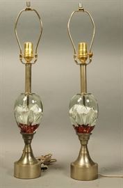 Lot 499 Pr Art Glass Table Lamps. Clear glass with white 
