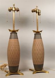 Lot 508 Pr Decorator Pottery  Brass Modern Table Lamps. 