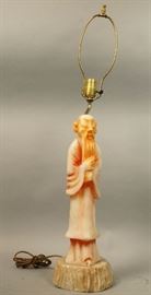 Lot 510 Carved Soapstone Asian Man Table Lamp. Colored fi