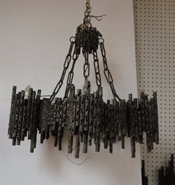 Lot 526 Brutalist Pierced Tube Metal Chandelier. Thin hol