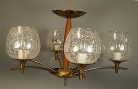 Lot 530 Modern 6 Arm Walnut, Brass  Glass Chandelier. Tu