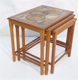 Lot 581 Set 3 Signed Tile Top Danish Teak Nesting Tables.
