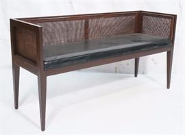 Lot 614 Caned Side Wood Bench. Black Vinyl Seat. 