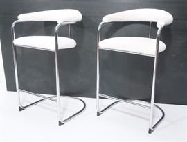 Lot 664 Pr Chrome Tube White Upholster Bar Stools. Barrel