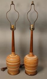 Lot 688 Pr Modern Pottery  Walnut Table Lamps Striped Gl