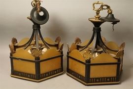 Lot 706 Pr Black Iron Brass Shell Hanging Chandeliers. Am