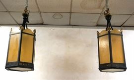 Lot 707 Pr Tall Black Iron Brass Shell Hanging Chandelier