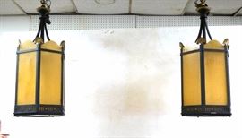 Lot 708 Pr Tall Black Iron Brass Shell Hanging Chandelier