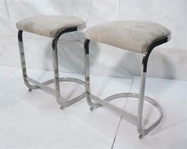 Lot 824 Pr Chrome Modernist Bar Stools. Gray Ultra suede 