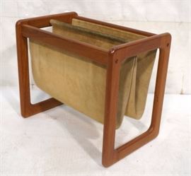 Lot 833 Danish Modern Teak Magazine Rack Suede Sling Hold