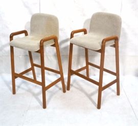 Lot 839 Pr O.K. Wood Products Teak Bar Stools Oatmeal Fab