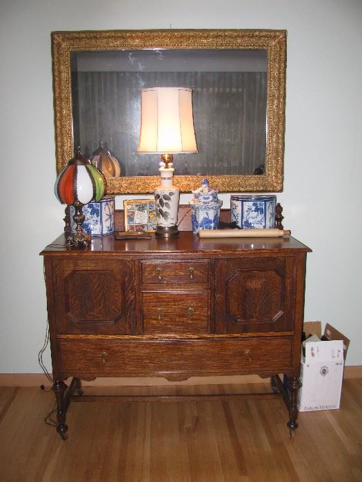 GREAT ANTIQUE OAK SIDEBOARD, GILT MIRROR AND SMALLS 