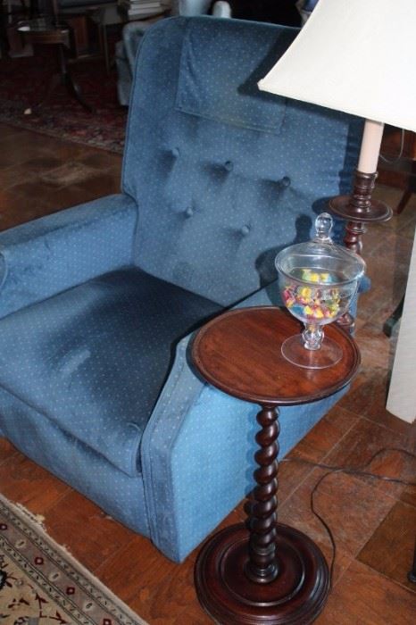 Blue Upholstered Chair with small, Round Pedestal 