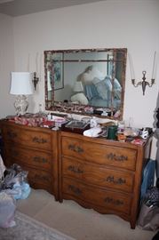 Dresser, Large Mirror, Lamp and lots of Stuff with Pair of Wall Sconces