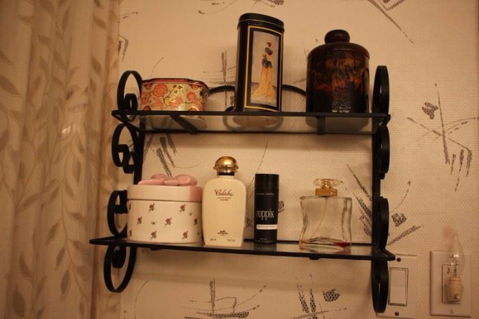 Wall Shelf, Perfume Bottles and Ceramic Box