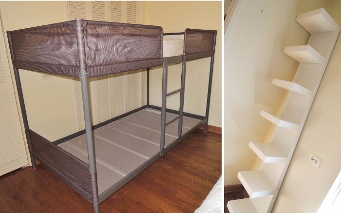 Bunk bed frame - one twin mattress.  Wall shelf