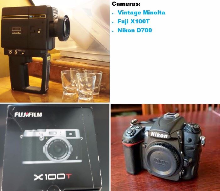 Vintage cameras.  Fujifilm X100T, Nikon D7000 and lens