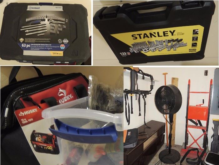 Garage Tools - ittle used. Misting fan. Tool sets. Bike Carrier, Appliance Dolly, furniture dollies