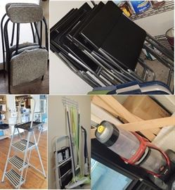 Step and paint ladders.  Cleaning products and tools.  Extra chairs new to vintage