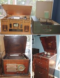 Stereos - old to new.  Victrola, Victrola portable.  Old stereo and Old Look stereo