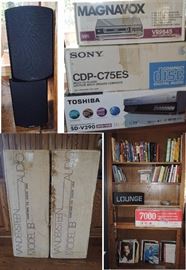 Receivers, DVD players, CD players,  Large Speakers. sheet music, bookend speakers