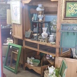 Rustic Farm Armoire
Glass Lamps
Painted Frames 
Bowls and Teapots