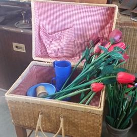 Wicker Picnic Basket and Wood Flowers