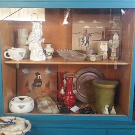 American Indian Sand Painting and bowls plus a few owls in a nice small  blue China Display case ... sliding glass, drawers and cabinets