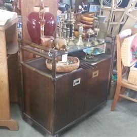 Rolling Tiki Bar ... Side Bottle Cabinet
Wood Bowls and Big Apple
Brass Candle Holders ...
and a few Chairs
Lamp