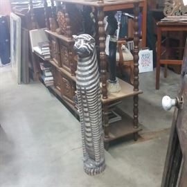 Asian Carved Wood Cat
Spindle Wood Shelf w/ small Cabinets and other Carvings