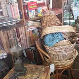 Wicker Baskets
Wicker Dresser 
Wicker Bar Stool
Books and Lamps
Lamps