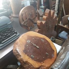 Wood Clocks and Wood Carvings and an early Texting Machine
