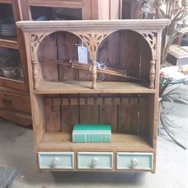 Carved Wood Wall Hutch for Display and Dishes with a Triple of of Cubby Drawers 