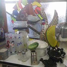 Hobby Horse Glasses
Kitchen Gadgets
Funky Stained Glass w/ Mirror 
Plastic Divided Plates 
Glass Butter Dish 