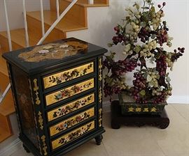 Painted Asian Cabinet and Very large Jade, glass and marble Tree!