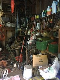 Shed packed with tools, fishing equipment, yard tools 