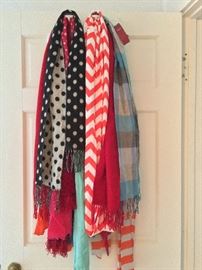 Several cashmere scarves and other scarves in interesting fabrics.