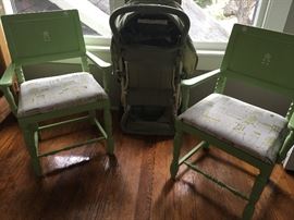 Two green chairs and a Graco double stroller in excellent condition.