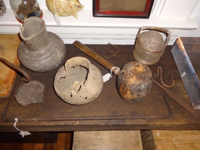 Early native American Indian jars, one partially restored; crude betty lamp; wooden mallet; fine log cabin towel bar; etc.