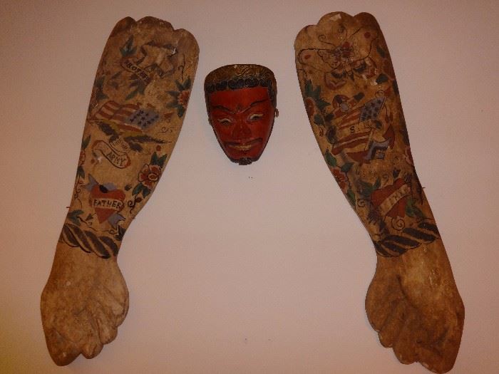 Larger than life size folk art tattooed arms; and fine Topeng mask