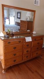 Solid maple dresser with mirror and custom glass top.