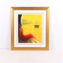 Emile Bellet Seriolithograph Print on Paper "D'or et de Réve": A seriolithograph print on paper titled D’or et de Réve by Emile Bellet. This print depicts a female figure wearing a red dress seated on the edges of a dock. The background is rendered with vibrant yellow hues with a boat floating on a body of water. This work is signed in plate to the lower right corner. To the verso, is a certificate of authenticity from Park West. This price is presented behind glass in a white mat and gold tone wood frame.
