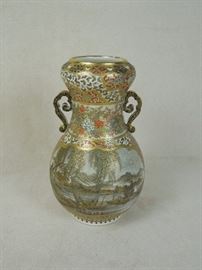 CW:  Rare Meiji period Satsuma masterpiece in miniature by Yabu Meizan&nbsp;(1853-1934)  7 1/4" high cabinet vase exquisitely decorated with marvelous frolicking monkeys & detailed Japanese landscape in gilded reserves.   Minor gilt losses at mouth rim, otherwise flawless.  Circa 1890-1910.