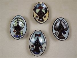 BAT:  Wonderful mid-century set of Italian hand painted studio ceramic miniature (olive) dishes with leather jackets.  